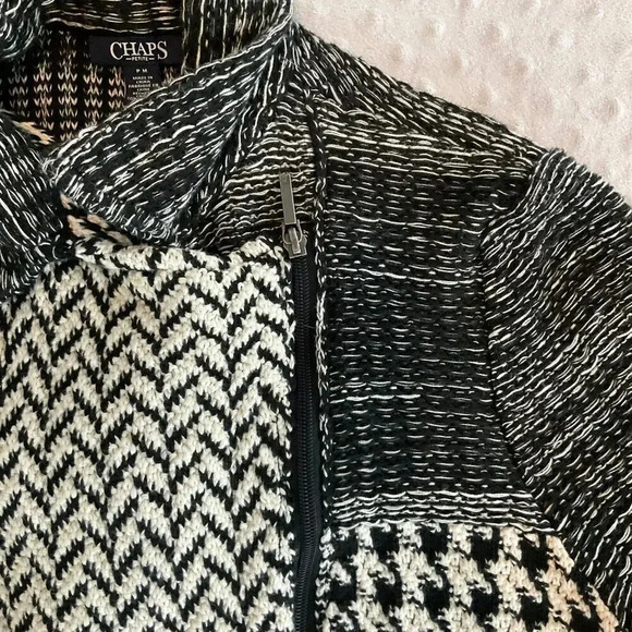 Chaps Womens Black White Patchwork Zip Up Sweater Jacket Long Sleeve Collared MP - Picture 6 of 8